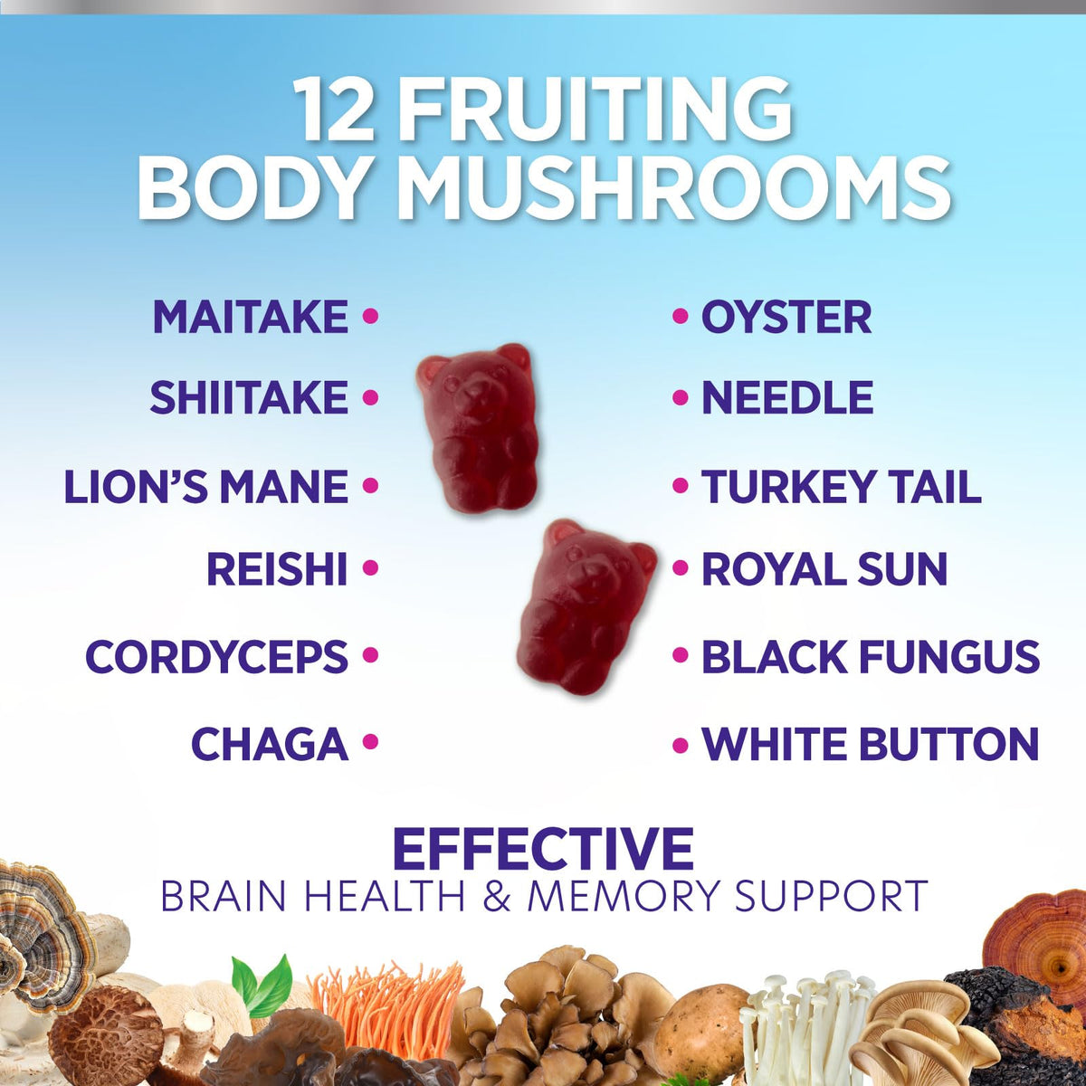 Gummies champignons 12 en 1 Nature's Nutrition sur une table