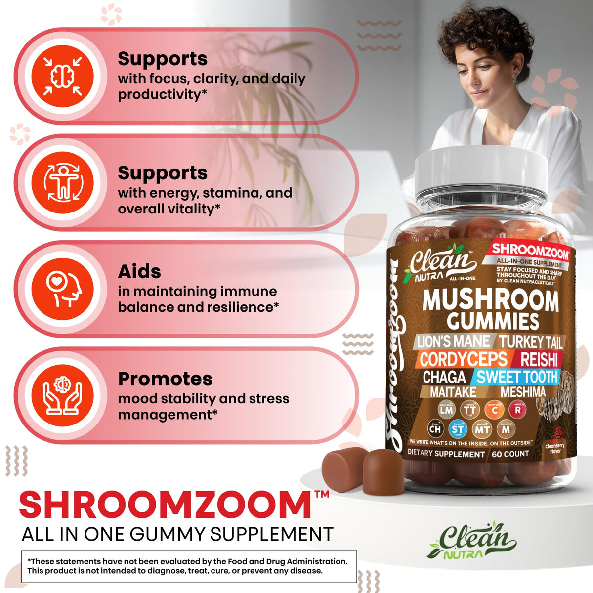 Gummies champignons Clean Nutraceuticals 15 en 1 avec des ingrédients