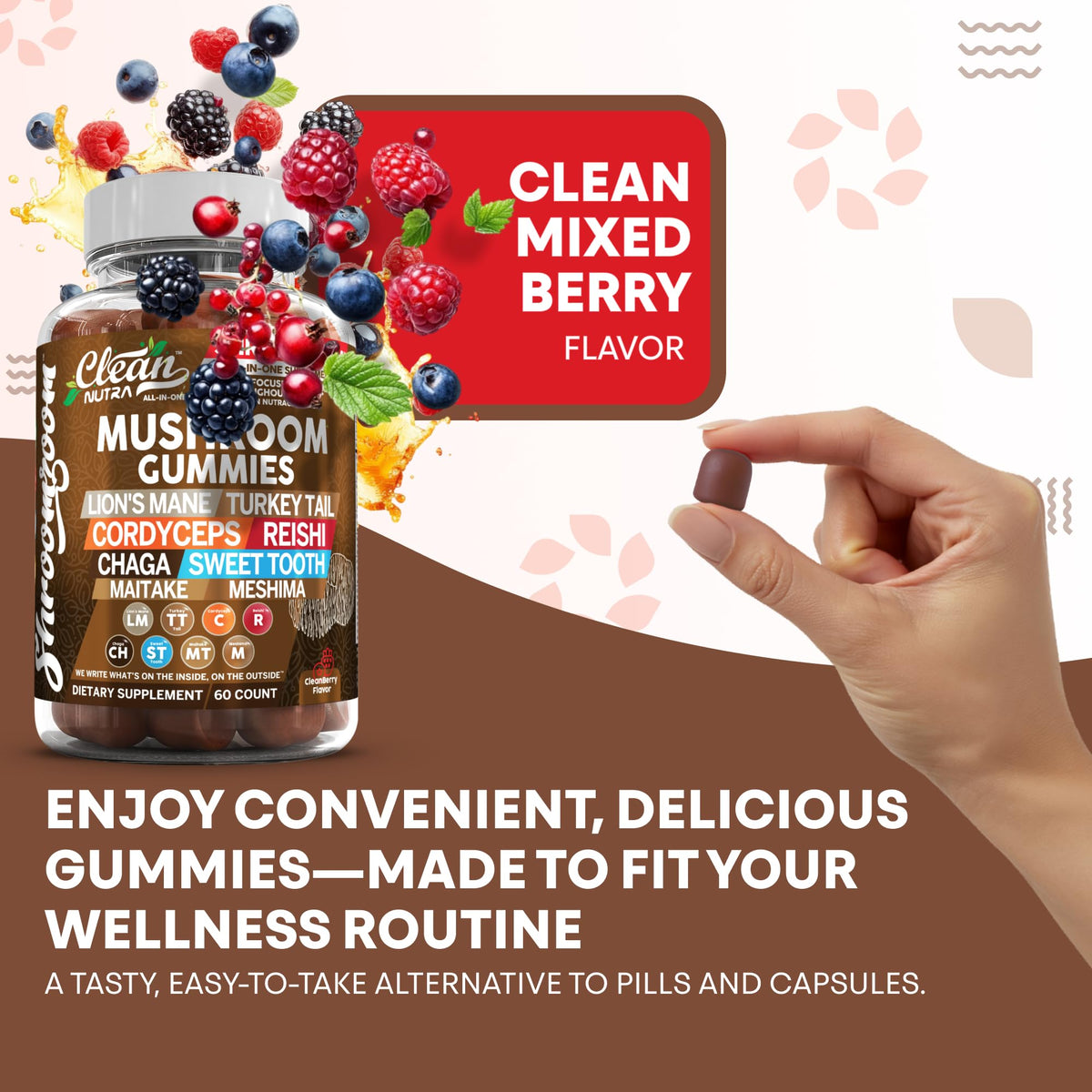 Gummies champignons Clean Nutraceuticals 15 en 1 avec une cuillère