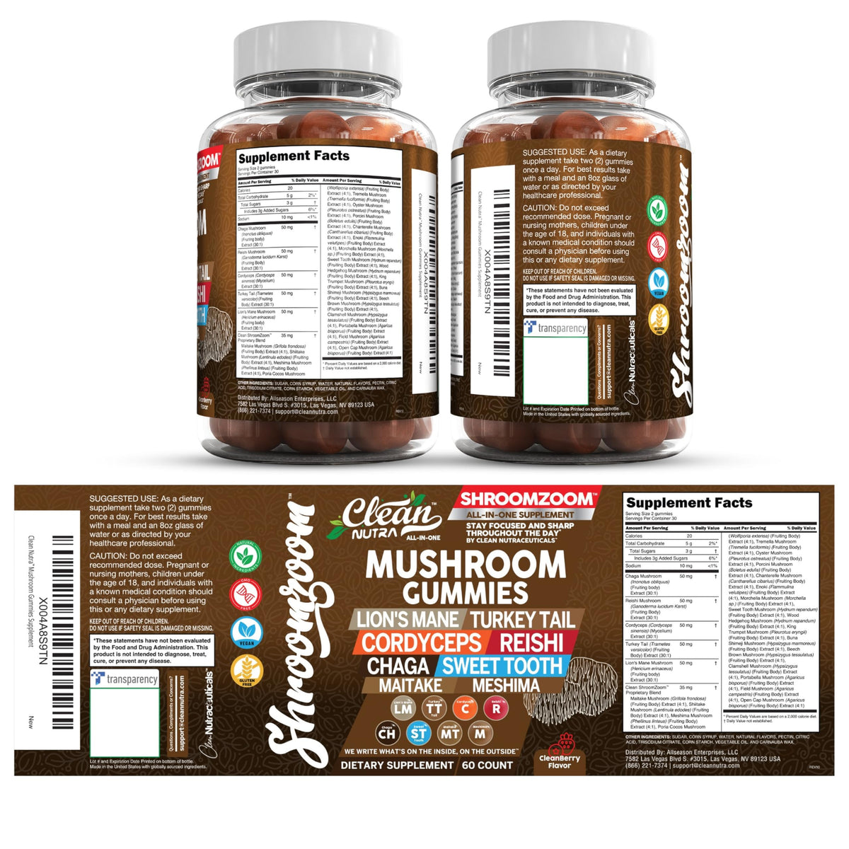 Gummies champignons Clean Nutraceuticals 15 en 1 dans un bol