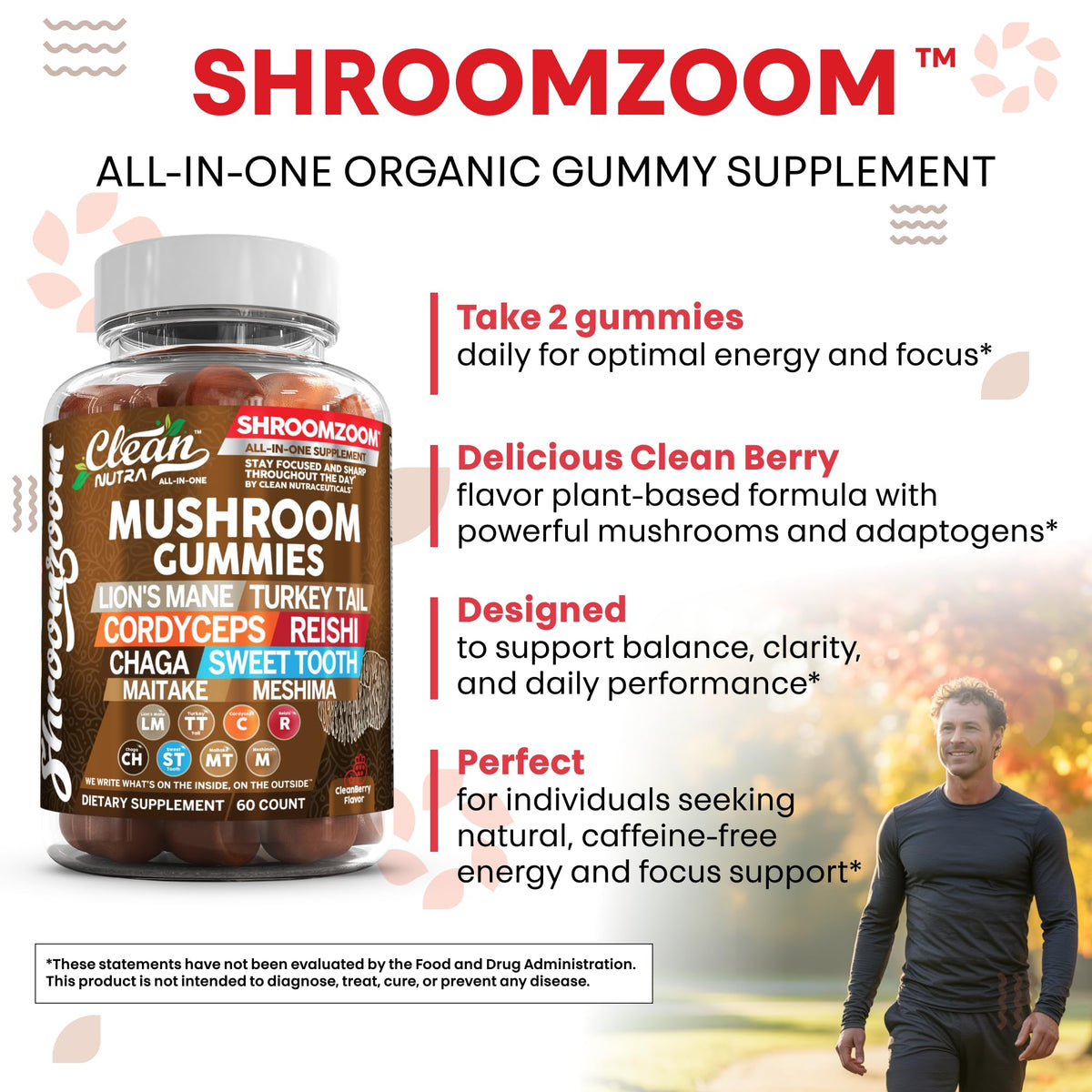 Gummies champignons Clean Nutraceuticals 15 en 1 en gros plan