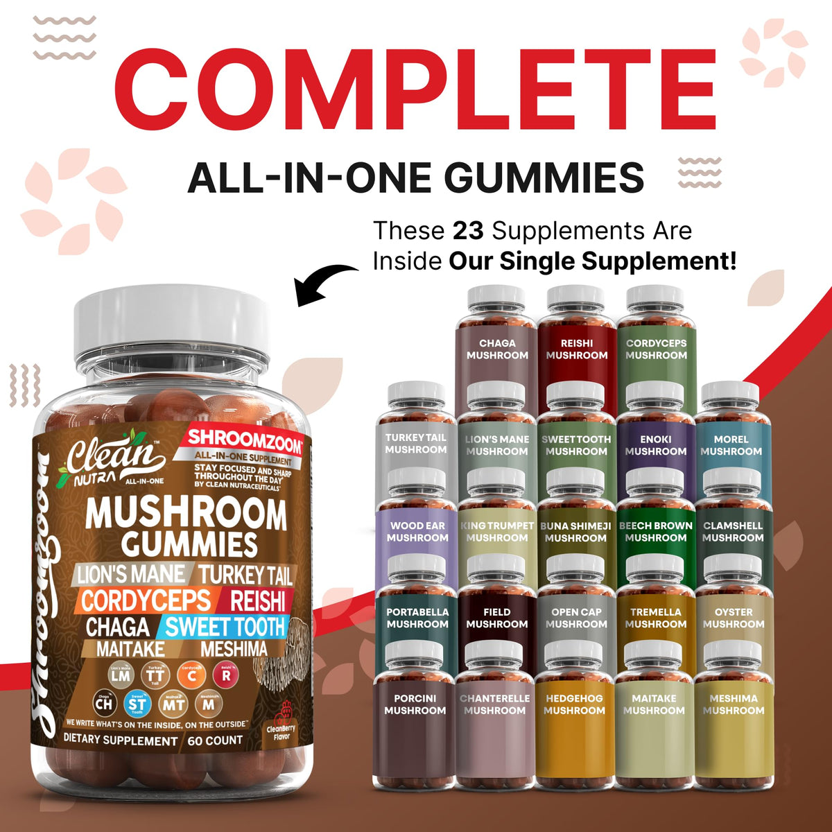 Gummies champignons Clean Nutraceuticals 15 en 1 vue arrière