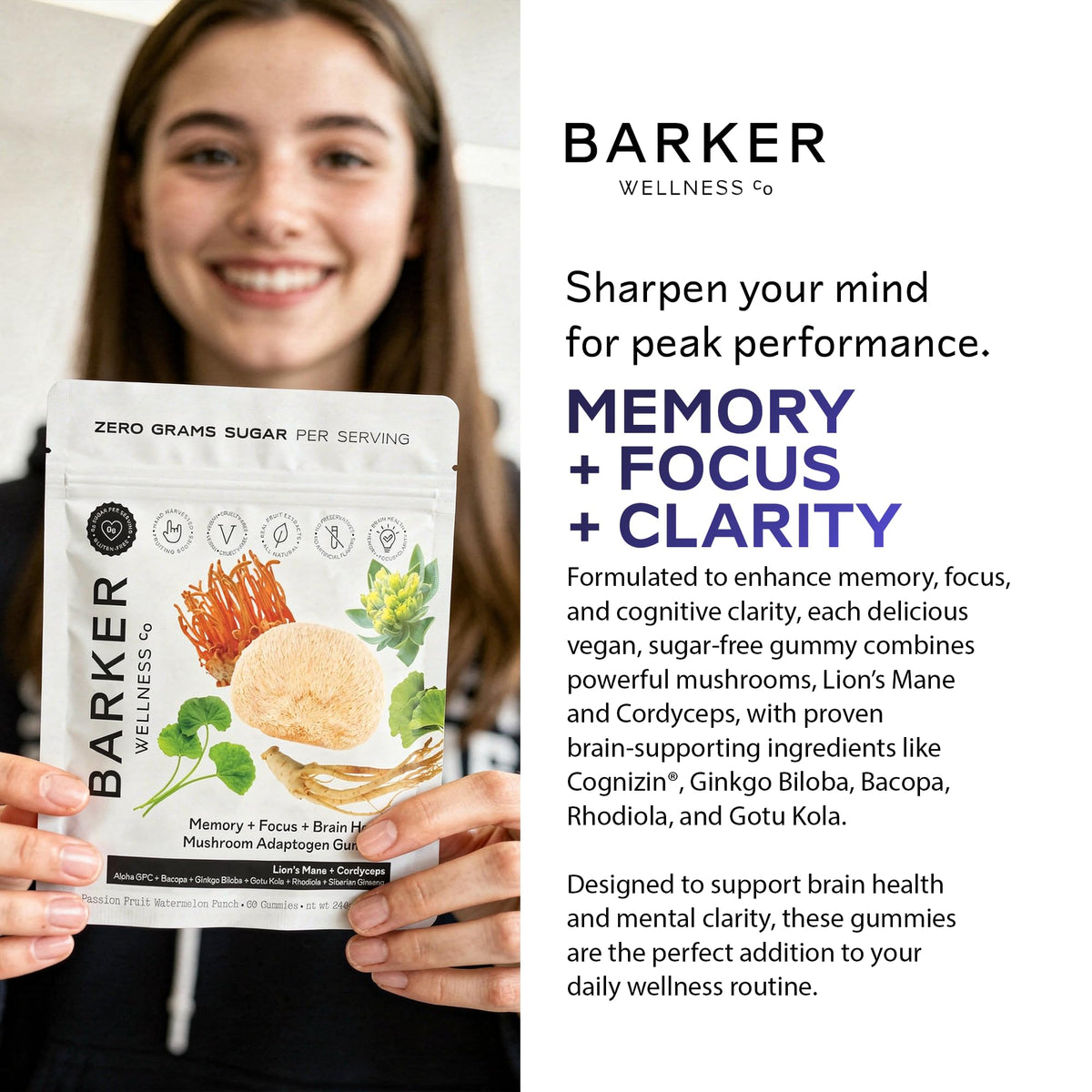 Gummies champignons Lion's Mane Barker Wellness, sachet ouvert avec gummies visibles