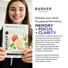 Gummies champignons Lion's Mane Barker Wellness, sachet ouvert avec gummies visibles