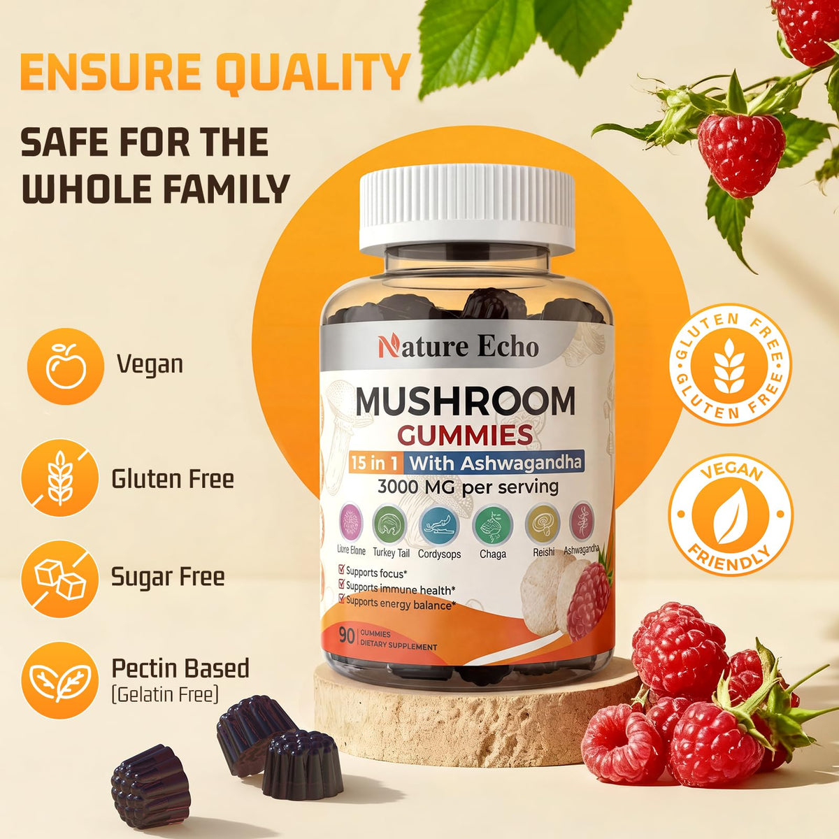 Gummies Champignons Nature Echo 15 en 1 à côté d'un verre d'eau