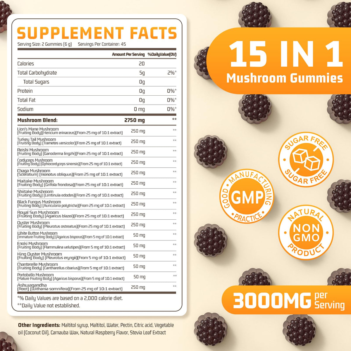 Gummies Champignons Nature Echo 15 en 1 arrière avec ingrédients