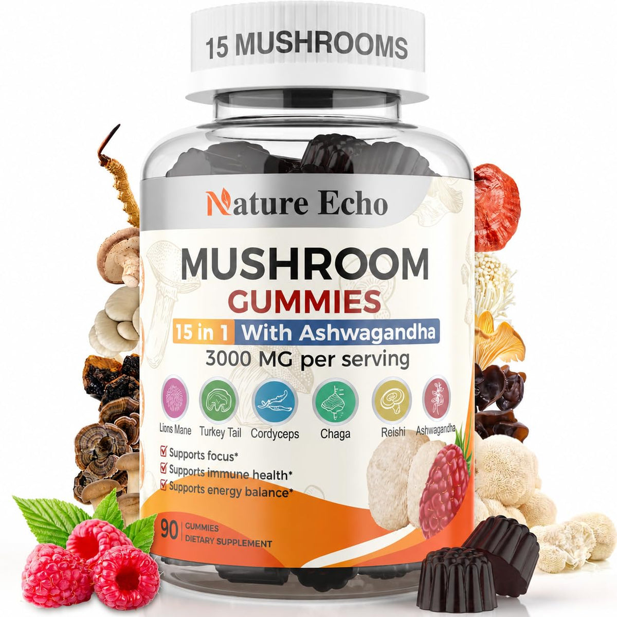 Gummies Champignons Nature Echo 15 en 1 avant avec emballage