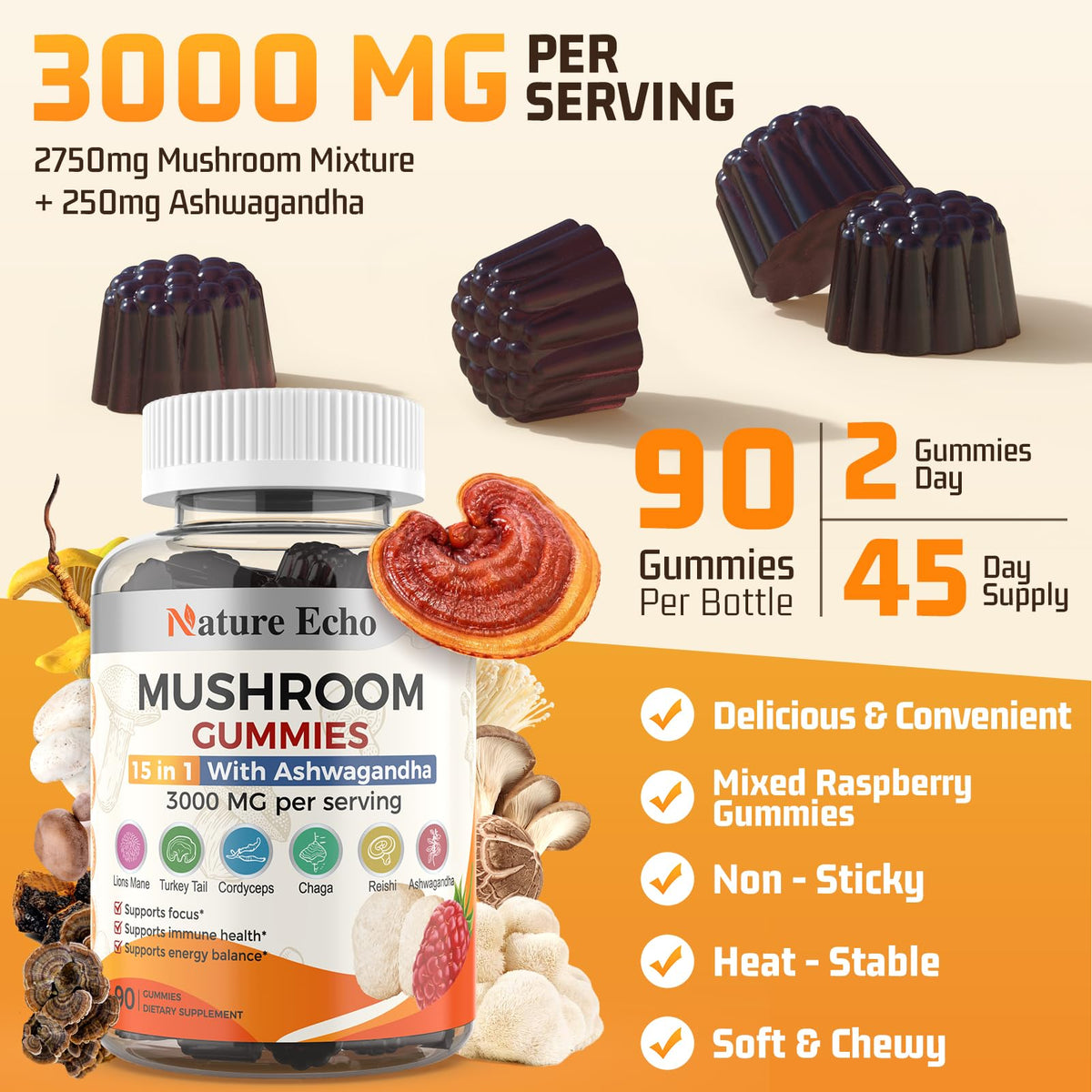 Gummies Champignons Nature Echo 15 en 1 en gros plan sur le produit