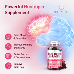 Gummies champignons Purify Life 10-Plex avec étiquette et dosage