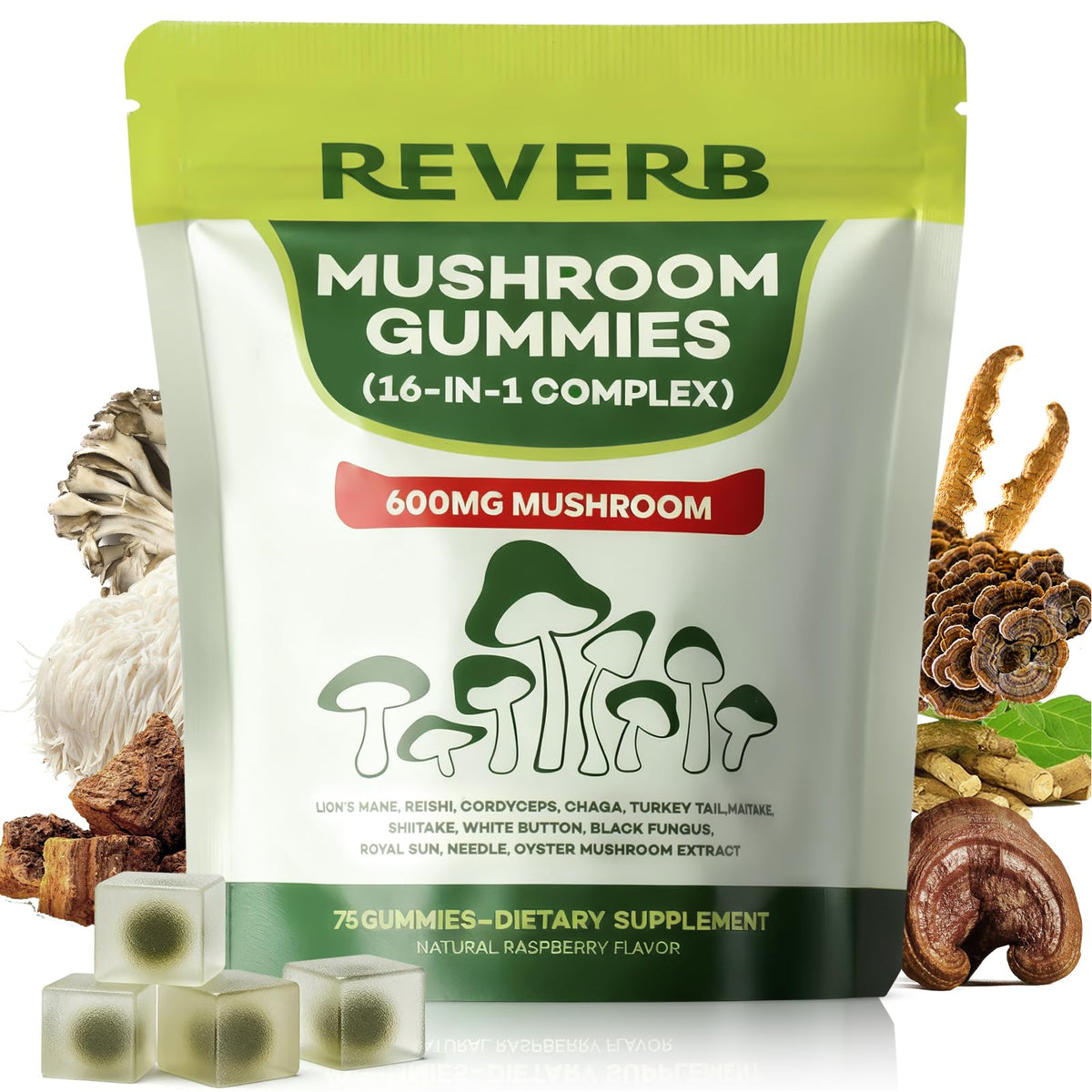 Gummies Champignons REVERB 16 en 1 vue de face avec emballage
