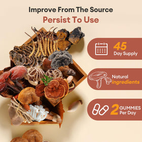 Gummies champignons REVERB avec ingrédients naturels en arrière-plan
