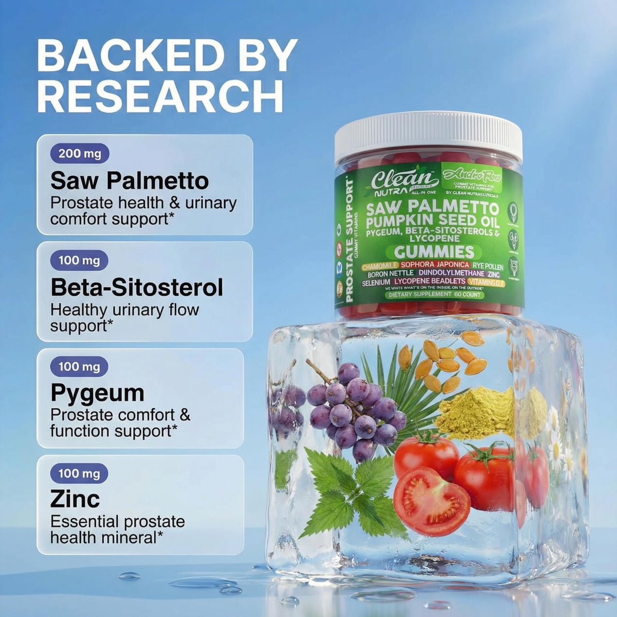 Gummies Clean Nutraceuticals avec ingrédients naturels sur fond blanc