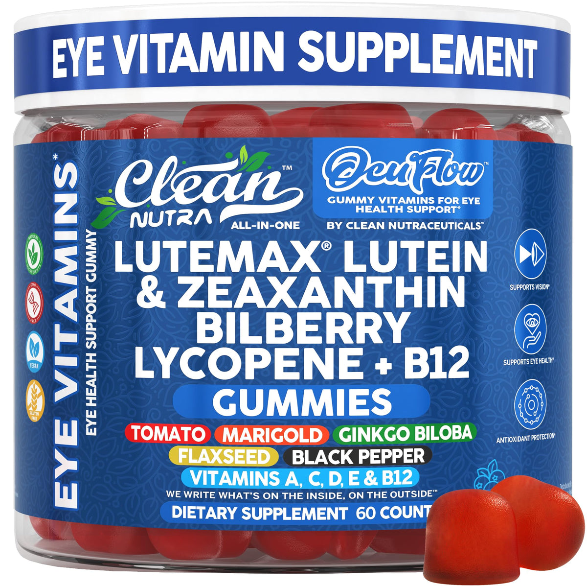 Gummies Clean Nutraceuticals Luthéine et Zéaxanthine 60 pièces vue de face