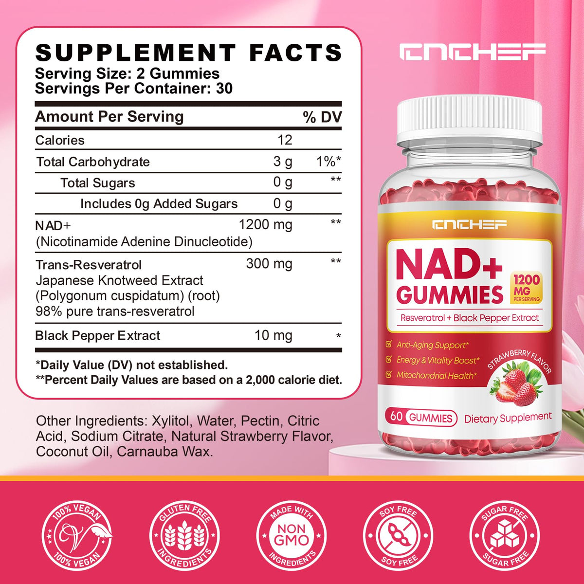 Gummies CNCHEF NAD+ à côté d'un verre d'eau