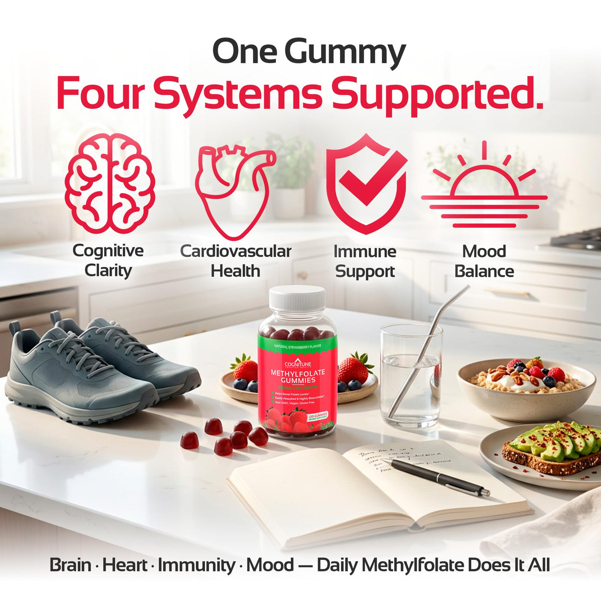 Gummies CogniTune sur une table avec fruits