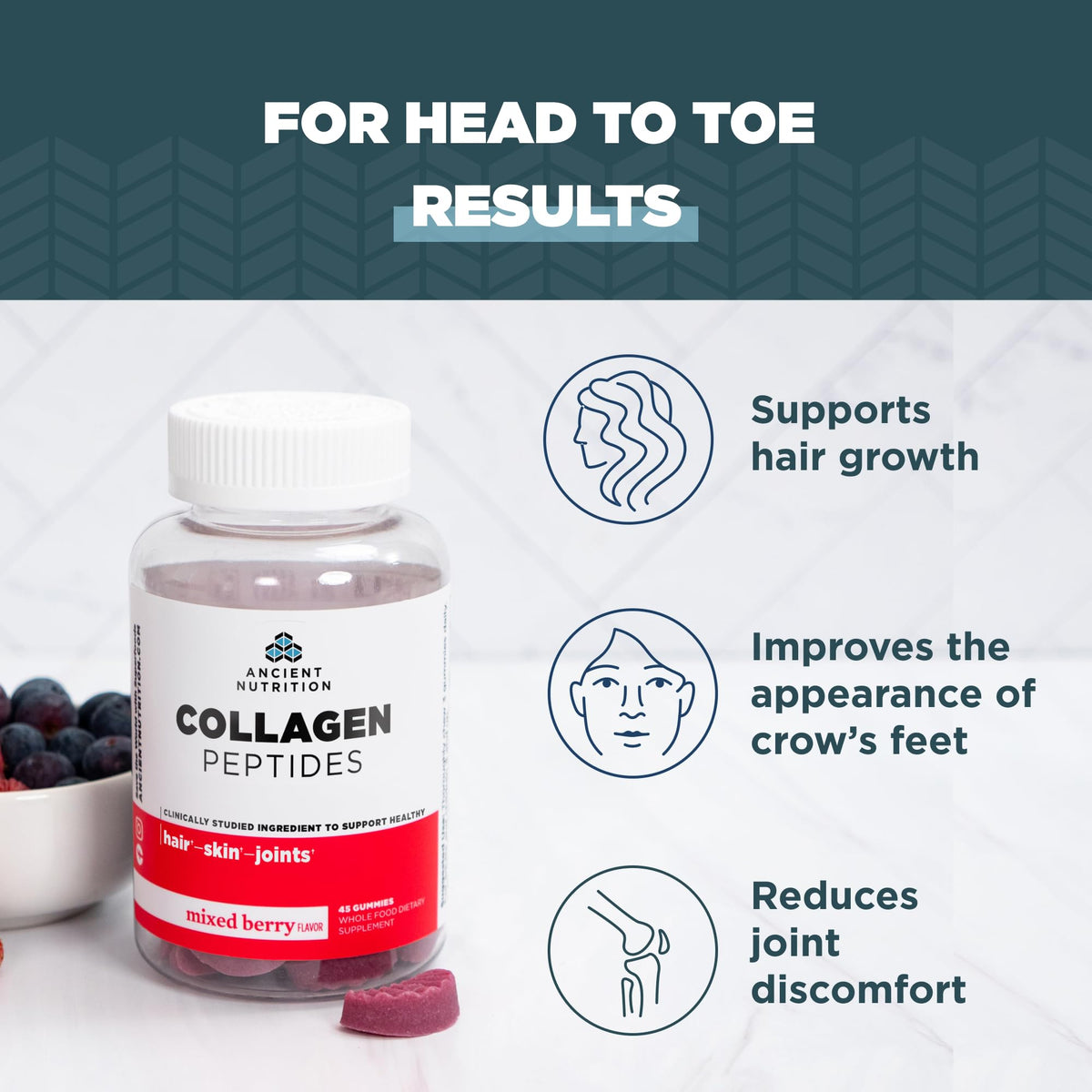 Gummies Collagen Peptides d'Ancient Nutrition, bouteille ouverte avec gummies visibles