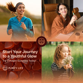 Gummies collagène marin Purify Life, mise en scène avec des fruits