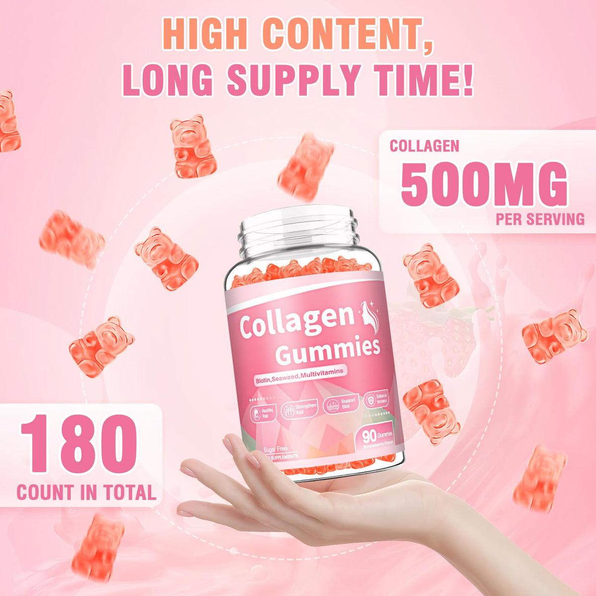 Gummies collagène WyuuKi avec fraises fraîches en arrière-plan