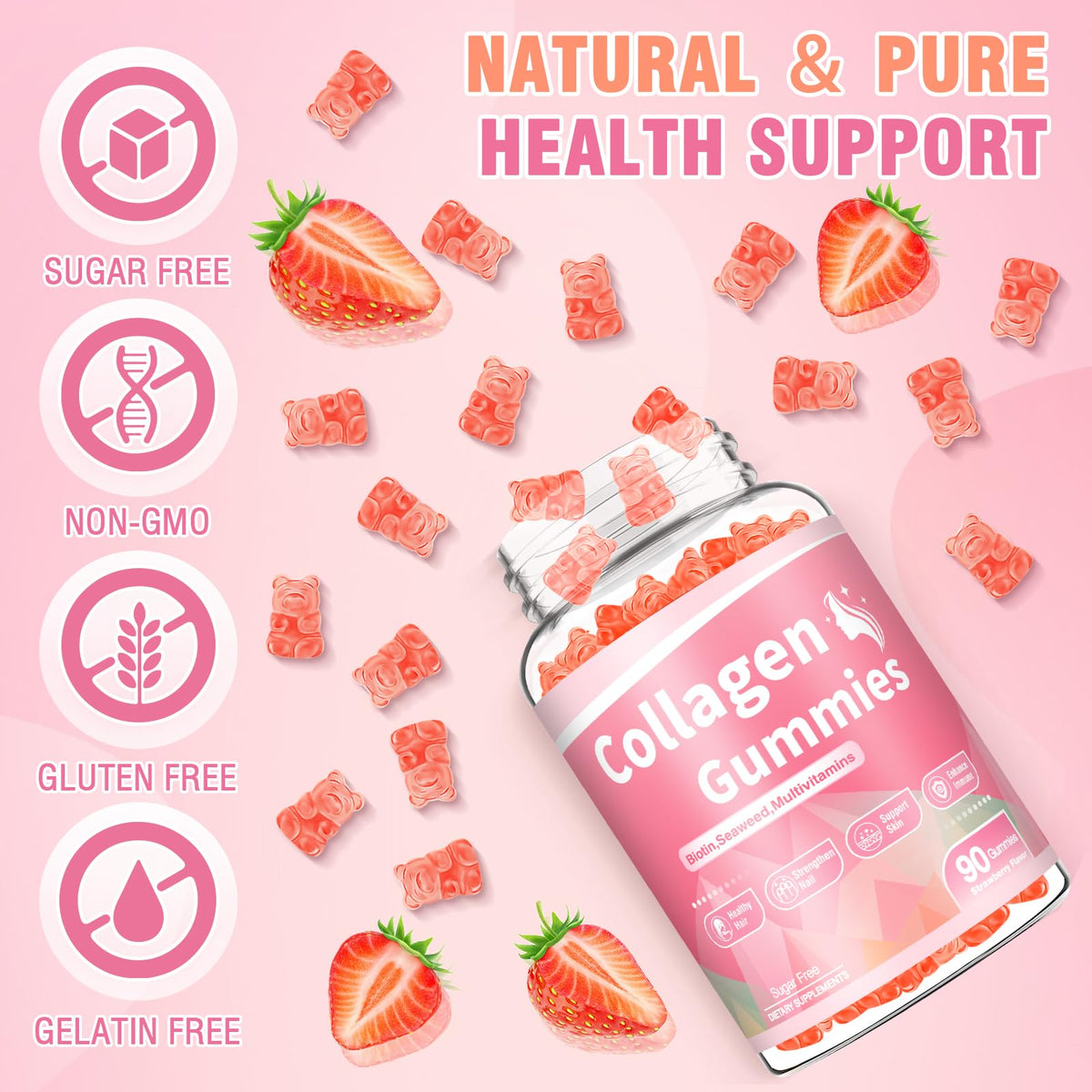 Gummies collagène WyuuKi avec ingrédients naturels en arrière-plan