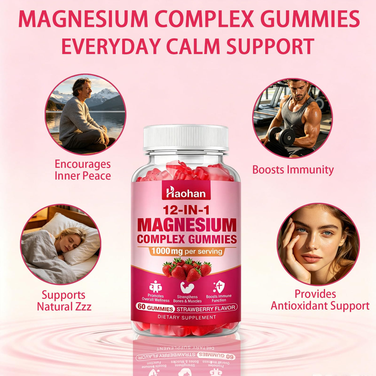 Gummies Complex Magnésium Haohan à côté d'une assiette de fraises