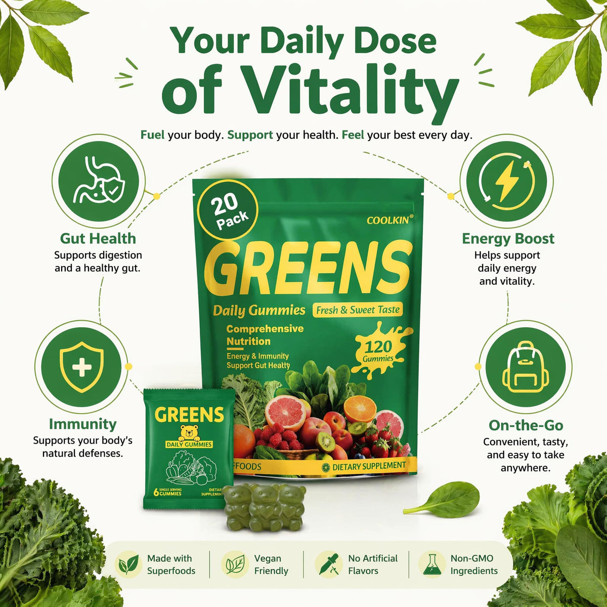Gummies COOLKIN Super Greens avec ingrédients naturels