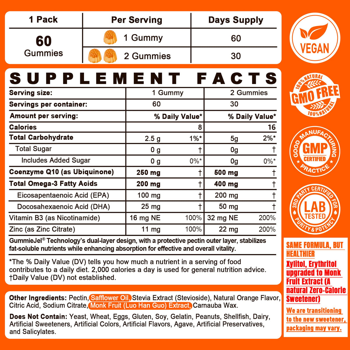 Gummies CoQ10 250mg NEVISS en forme de gélules avec goût orange