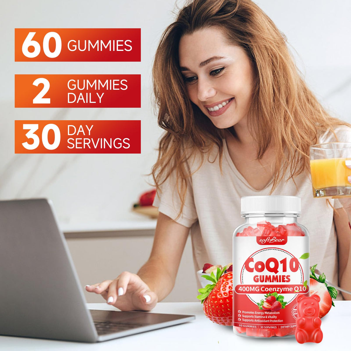 Gummies CoQ10 400mg en gros plan sur une surface blanche