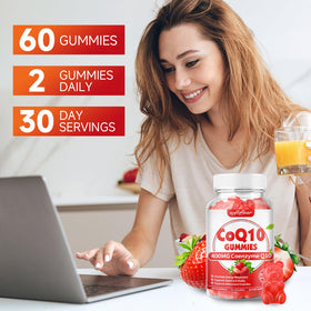 Gummies CoQ10 400mg en gros plan sur une surface blanche