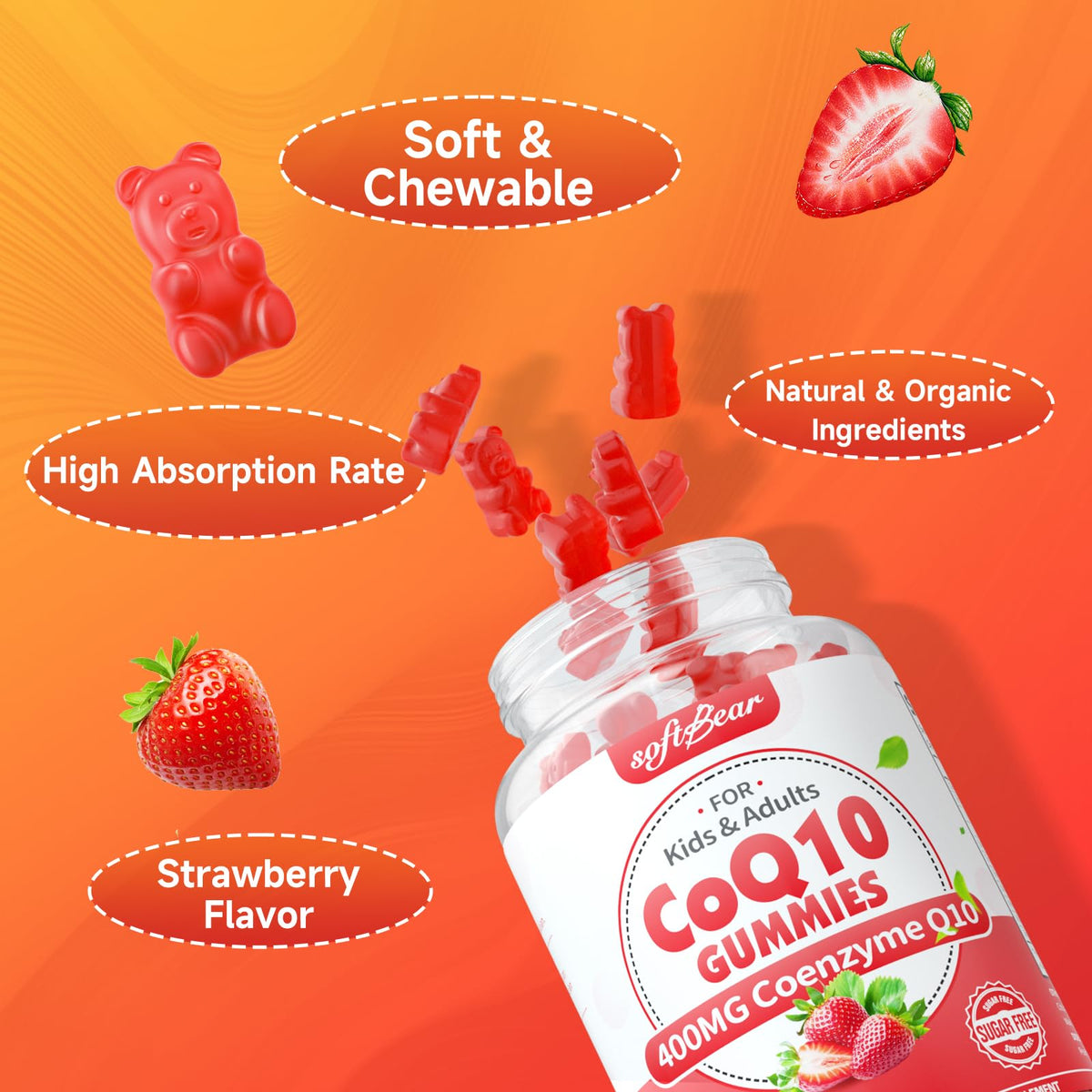Gummies CoQ10 400mg softbear avec vue de l'arrière de la boîte