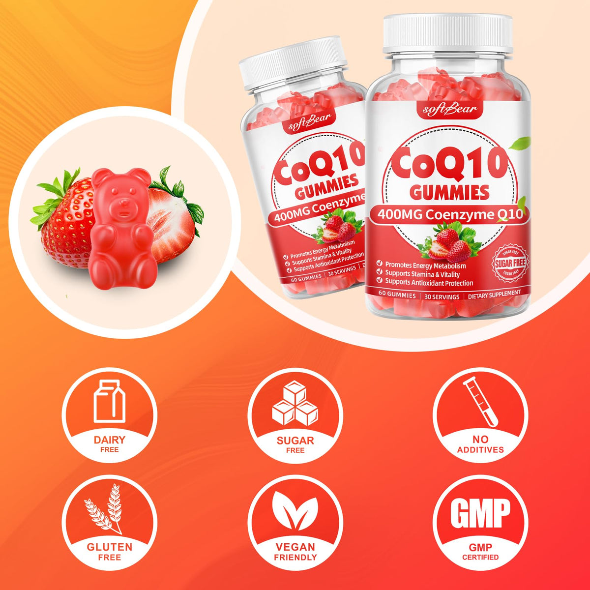 Gummies CoQ10 dans une main avec des fraises fraîches