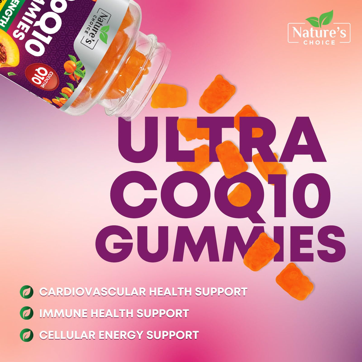 Gummies CoQ10 Nature's Choice avec une main tenant une gummie