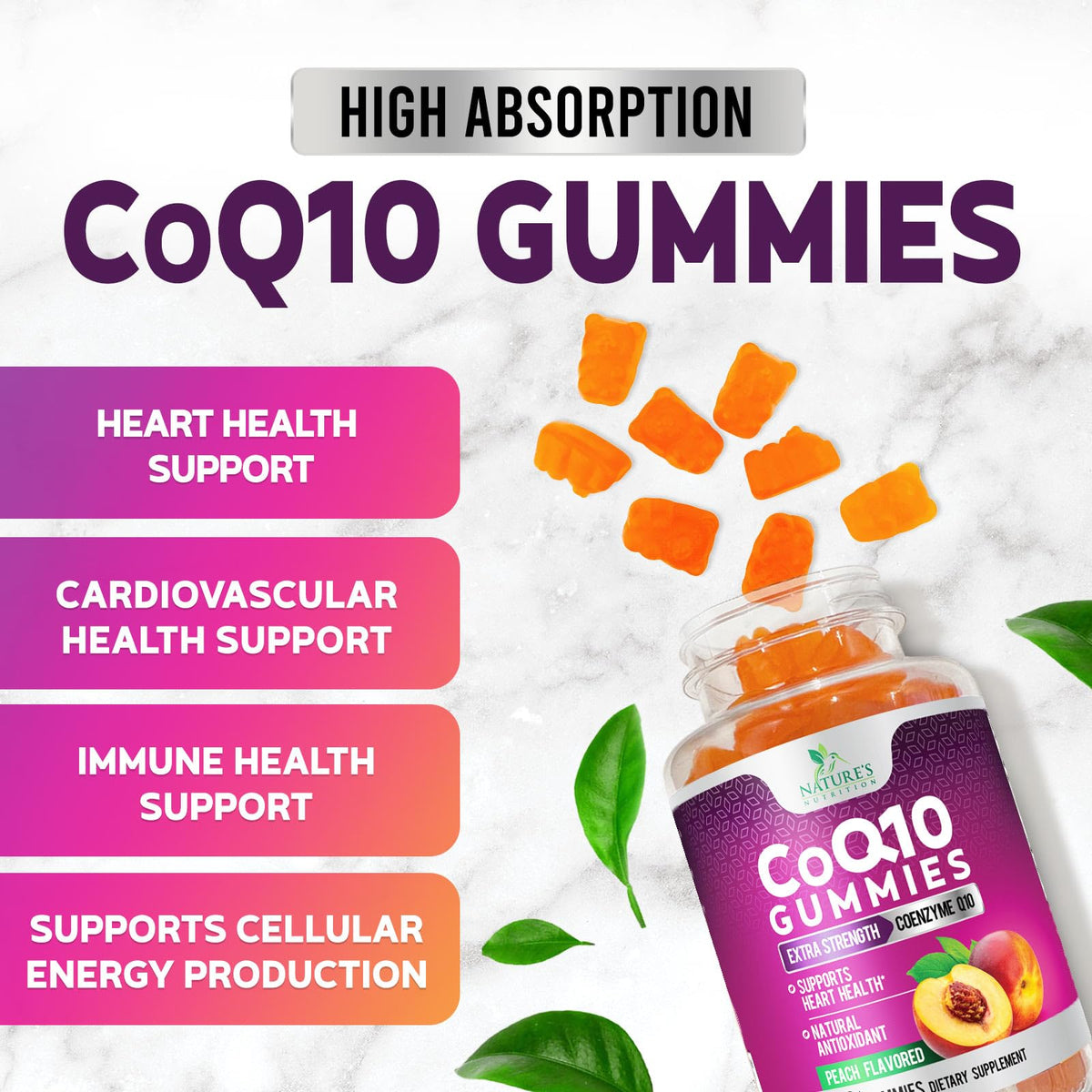 Gummies CoQ10 Nature's Nutrition avec fruits en arrière-plan