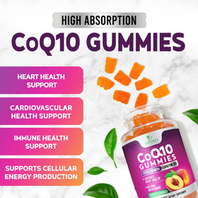 Gummies CoQ10 Nature's Nutrition avec fruits en arrière-plan