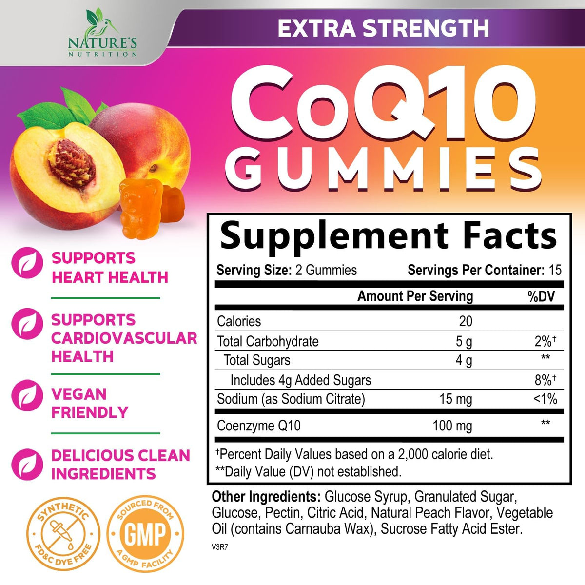 Gummies CoQ10 Nature's Nutrition, vue arrière avec les ingrédients