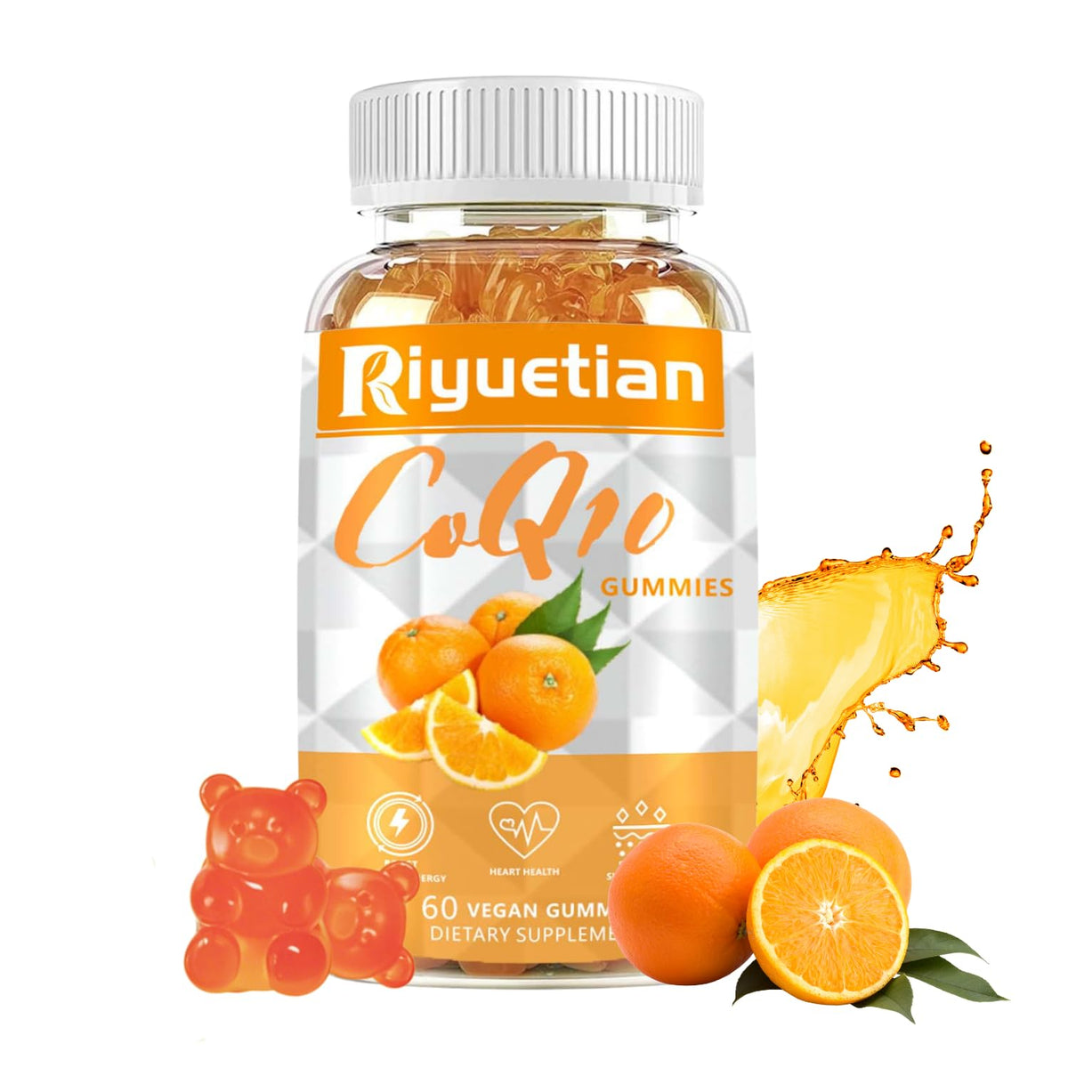 Gummies CoQ10 Riyuetian 500mg en pot avec étiquette colorée