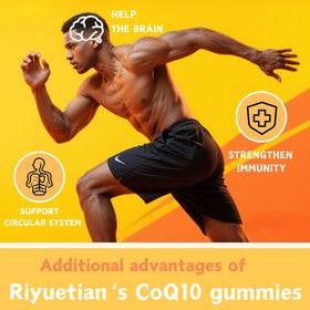 Gummies CoQ10 Riyuetian présentées avec des fruits frais