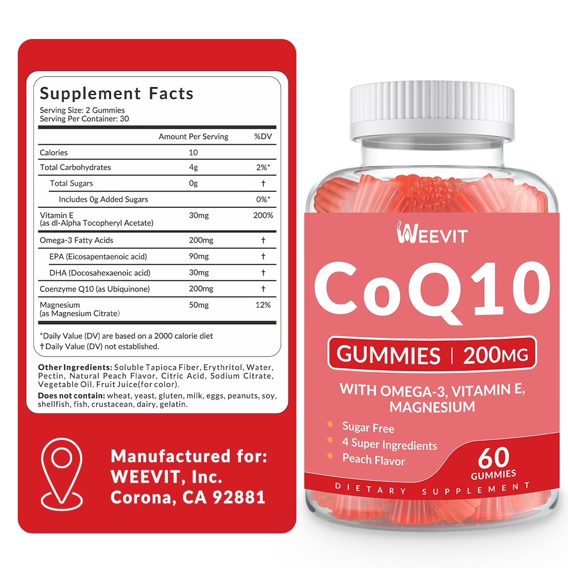 Gummies CoQ10 WEEVIT avec fruits en arrière-plan