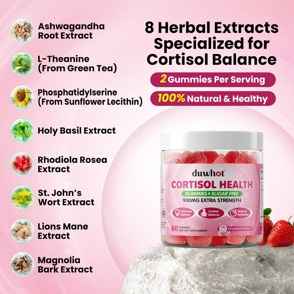 Gummies cortisol duwhot 15 en 1 sur une table avec des fruits