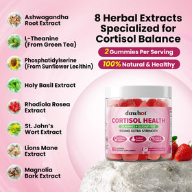 Gummies cortisol duwhot 15 en 1 sur une table avec des fruits