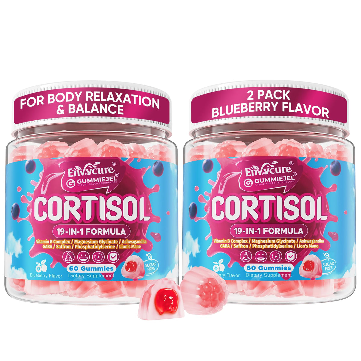 Gummies Cortisol EnvyCure 19-en-1 vue de face avec emballage