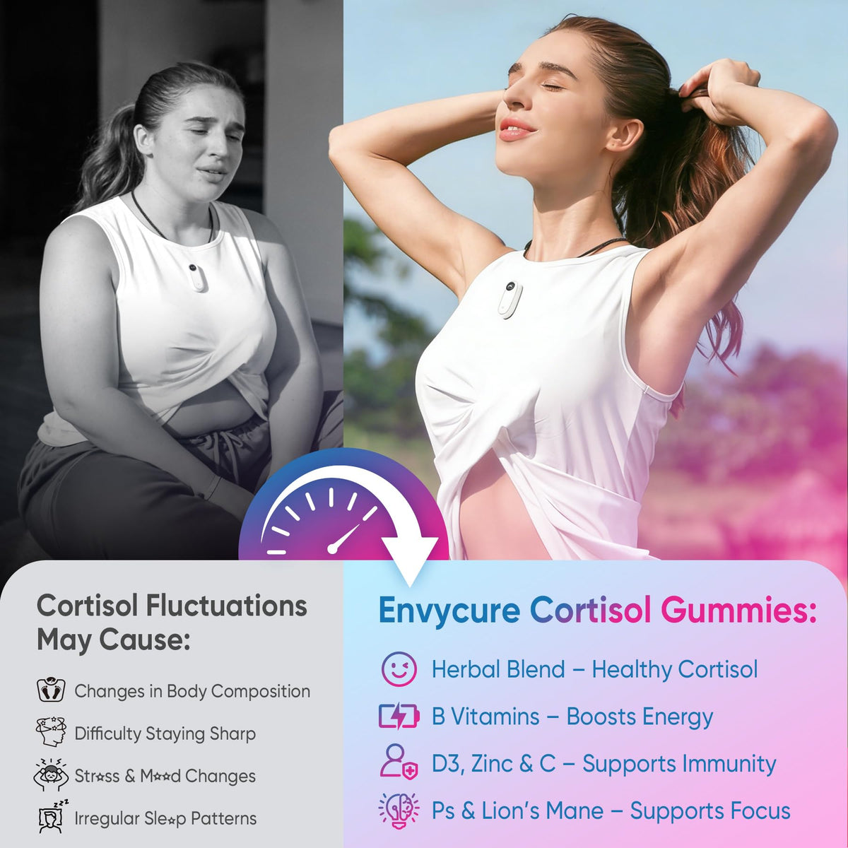 Gummies Cortisol EnvyCure sur une table avec d'autres compléments