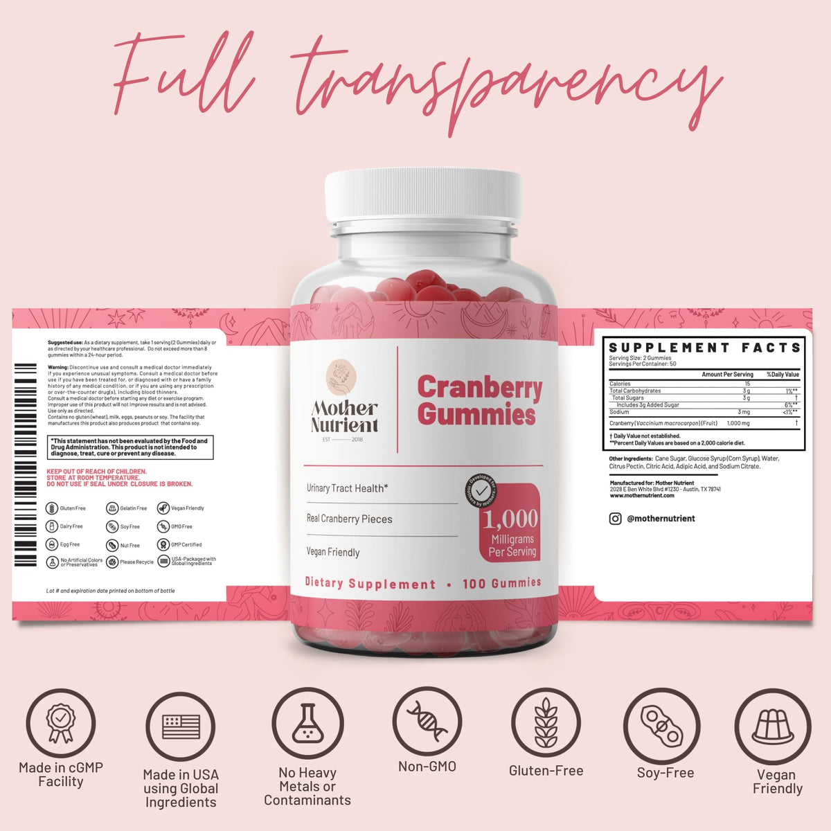 Gummies cranberry Mother Nutrient présentés sur un fond neutre
