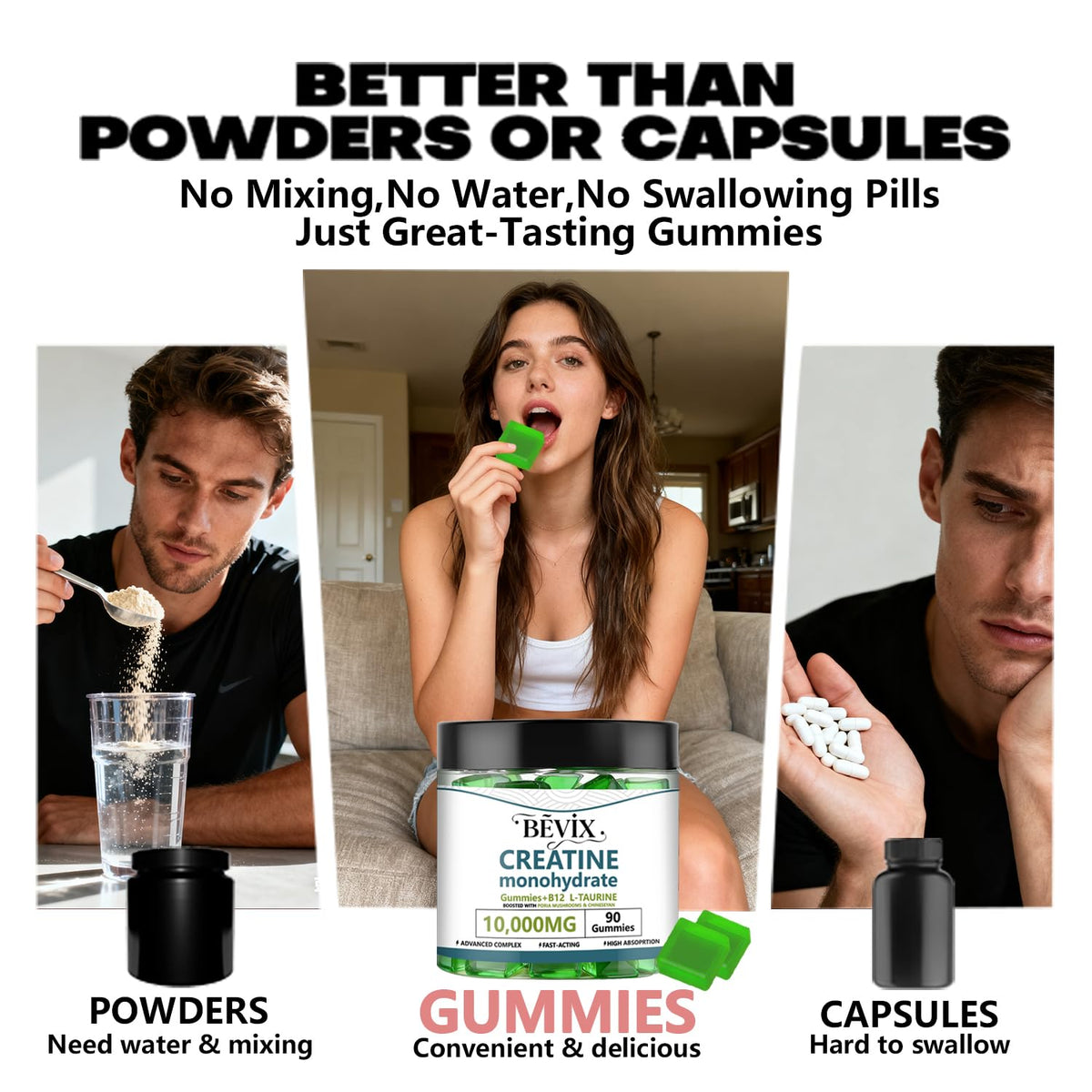 Gummies créatine BEVIX 331g avec des poids de musculation