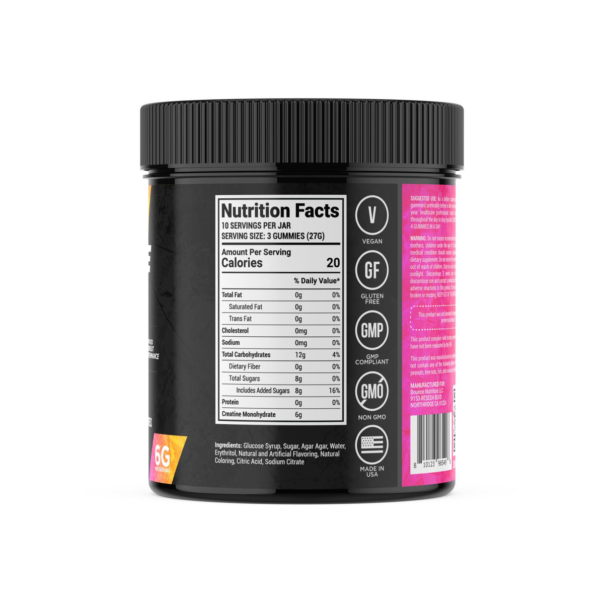 Gummies créatine Bounce Pro avec étiquette nutritionnelle