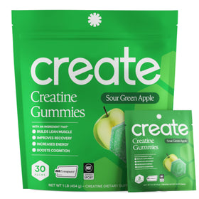 Gummies créatine Create en sachet avec étiquette verte pomme acide