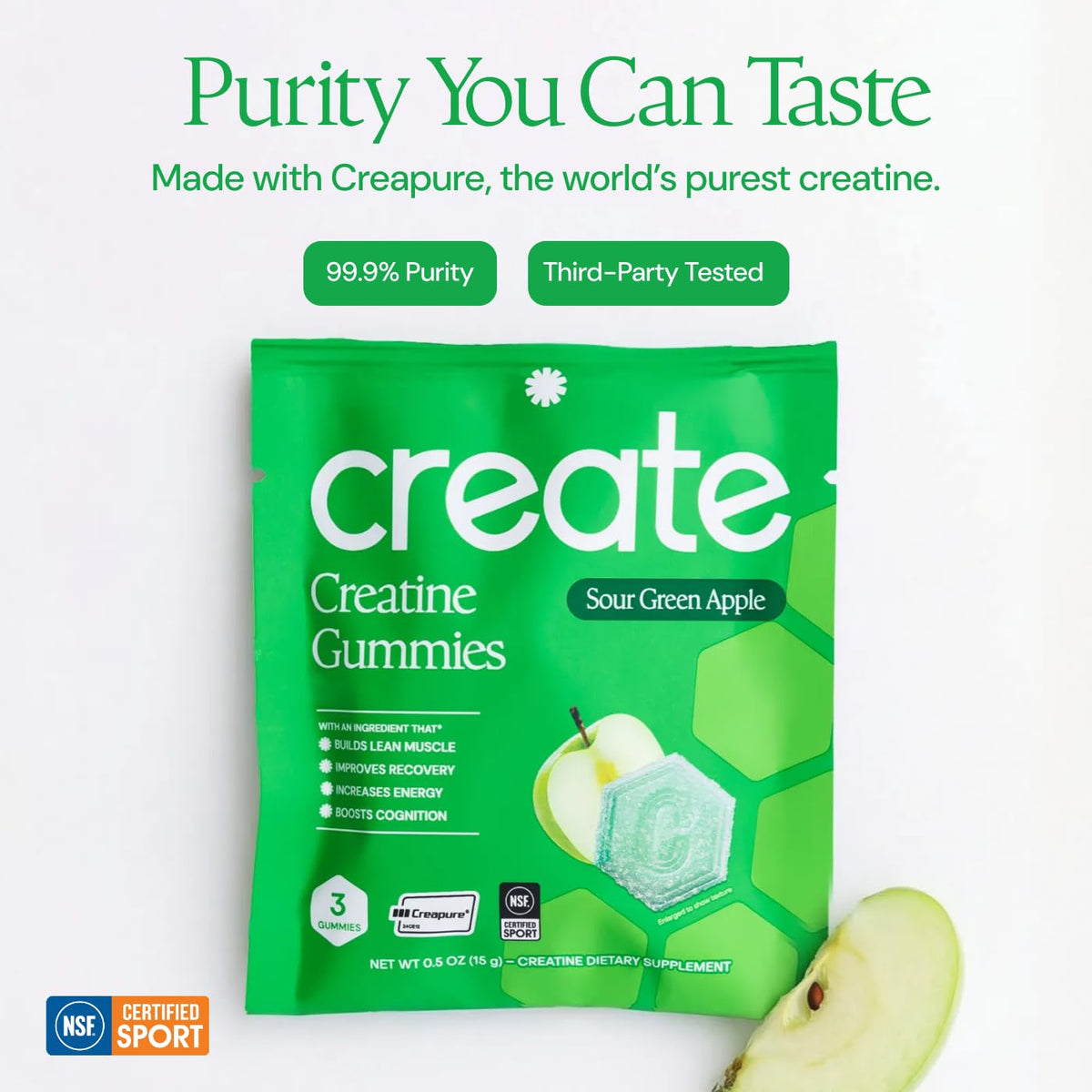 Gummies créatine Create, sachet ouvert avec gummies visibles