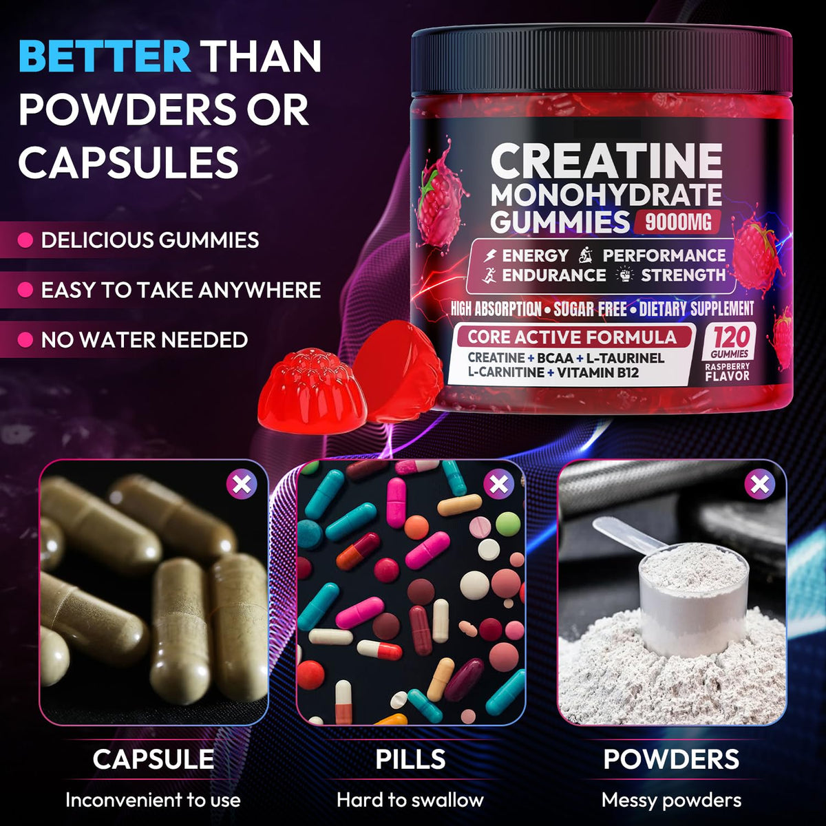 Gummies créatine Cytona avec fruits en arrière-plan