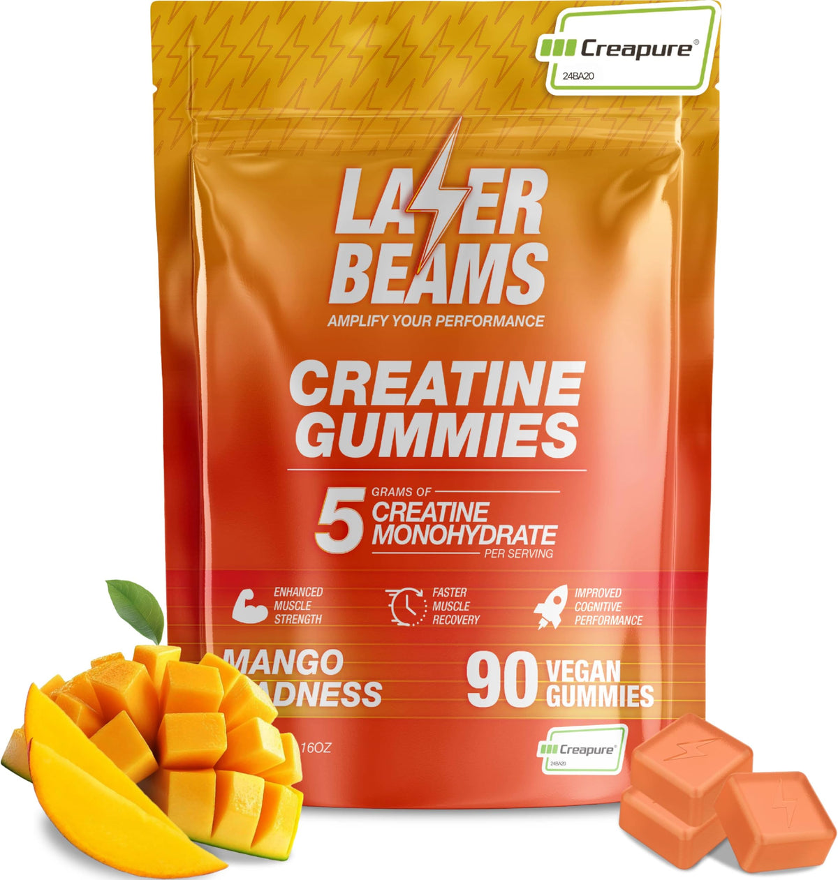 Gummies créatine Laser Beams 5000mg saveur mangue, vue de l'emballage