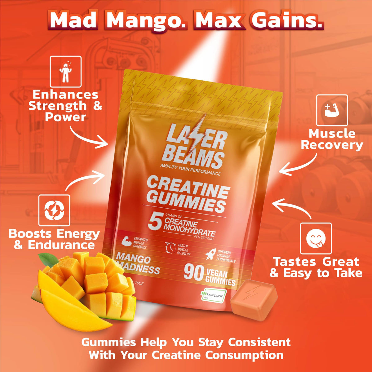 Gummies créatine Laser Beams dans un bol, saveur mangue