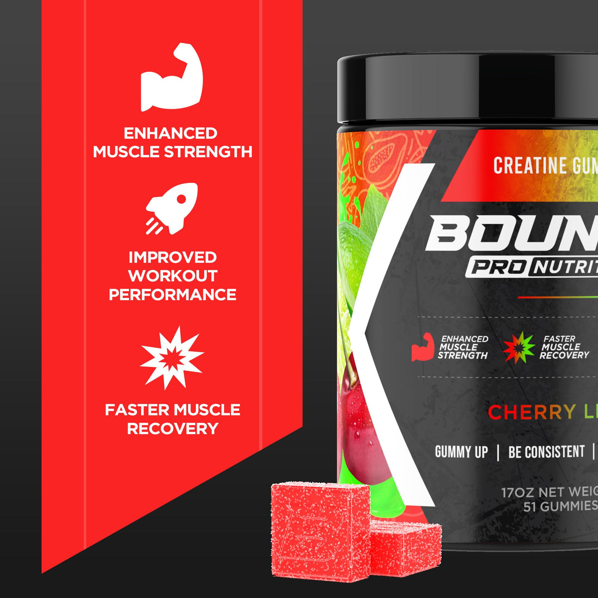 Gummies créatine monohydrate Bounce Pro sur une table avec d'autres suppléments